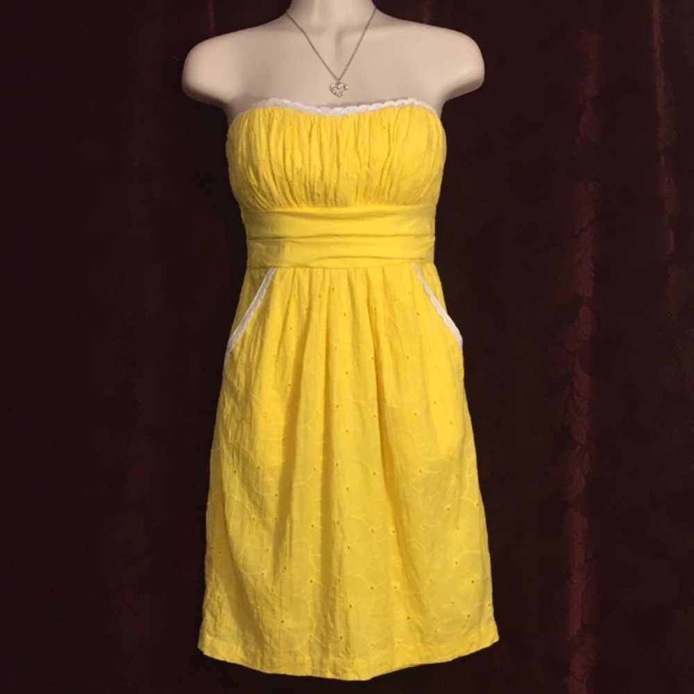 XOXO Yellow Eyelet pocket strapless retro pinup a line sexy summer dress 9 - Picture 1 of 8